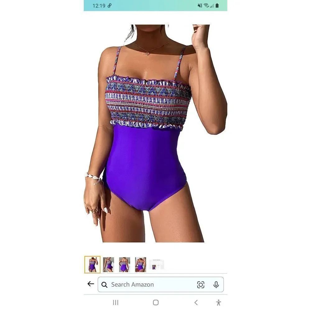 New Medium Modihito Purple Bandeau Ruffled Smocked 1pc Swimsuit Bathing Suit NWT